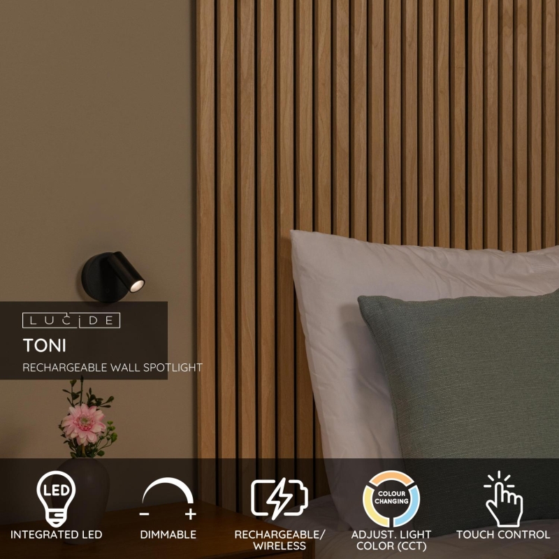 Lucide TONI - Rechargeable Wall spotlight / Wall light - Battery pack - Ø 8,1 cm - LED Dim. - CCT - 1x2W 2700K/4000K - Magnetic - Black